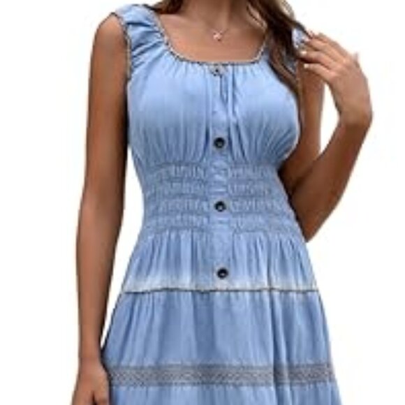 Drefbufy Maxi Sundress Chambray Denim Tiered Blue Cotton Boho Milk Maid size L - Picture 12 of 12